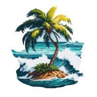 AI generated summer graphic tropical island with ocean waves and palm tree png