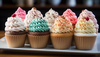 AI generated Freshly baked cupcakes with colorful icing, a sweet indulgence generated by AI photo