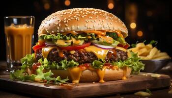 AI generated Grilled cheeseburger, fries, and cola a classic American meal generated by AI photo