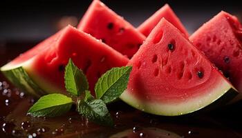 AI generated Fresh watermelon slice, sweet and juicy, perfect summer snack generated by AI photo