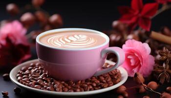 AI generated Fresh cappuccino on wooden table with frothy milk and flower generated by AI photo