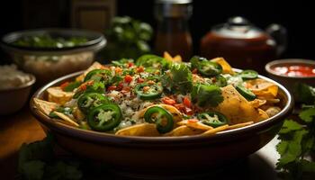 ai generado frescura y sano comiendo en un hecho en casa vegetariano ensalada generado por ai foto