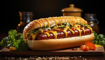 AI generated Grilled beef, hot dog, ketchup, bread, freshness, gourmet, bun generated by AI photo