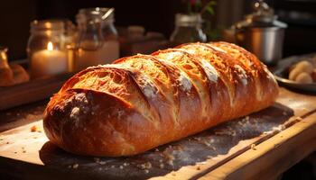 AI generated Freshly baked bread on rustic wooden table, ready to eat meal generated by AI photo