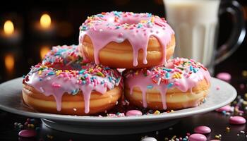 ai generado gastrónomo rosquilla con chocolate Formación de hielo, vistoso asperja, y fresa generado por ai foto