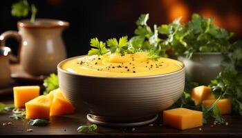 AI generated Freshness and health in a bowl vegetarian pumpkin soup with parsley generated by AI photo