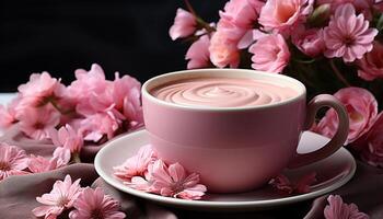 AI generated A fresh pink flower blossoms on a coffee cup generated by AI photo