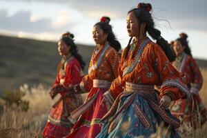 ai generado cuatro mujer en tradicional ropa son caminando mediante un campo foto