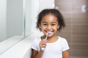 ai generado un joven niña sonrisas mientras participación un cepillo de dientes foto