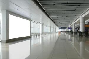 ai generado un vacío aeropuerto terminal con un blanco cartelera foto