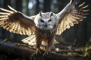 ai generado un búho es volador en el bosque con sus alas untado foto