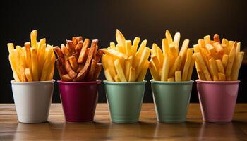 ai generado un cerca arriba de un grande apilar de fresco, crujiente francés papas fritas generado por ai foto