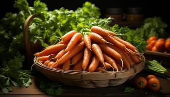 AI generated Fresh vegetables in a wicker basket, nature healthy bounty generated by AI photo