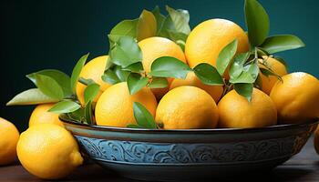 AI generated Fresh citrus fruits on wooden table, healthy and vibrant generated by AI photo