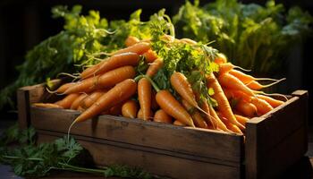 AI generated Fresh, healthy vegetables in a rustic wooden box for cooking generated by AI photo