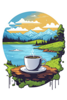 AI generated hot coffee on the background of mountains and lake png
