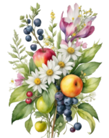 ai generato grafica con fiori e frutta formatura un' mazzo png