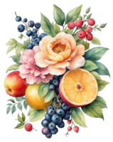 ai generado gráficos con flores y frutas formando un ramo de flores png