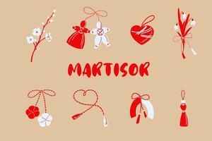 Martisor Themed Illustrations Collection symbols on beige celebrating the spring festival vector