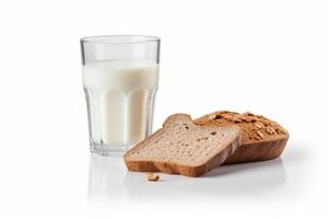 AI generated Fresh milk with Whole wheat bread isolated on white background .Generative Ai. photo