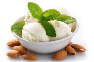 Lime ice cream almonds,mint leaf isolated on white background.Generative Ai. photo