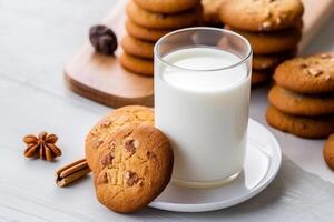 AI generated Milk with cookies  on white wooden background.Generative Ai. photo