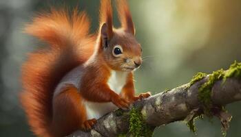 ai generado rojo ardilla relajante en árbol en de cerca Disparo foto