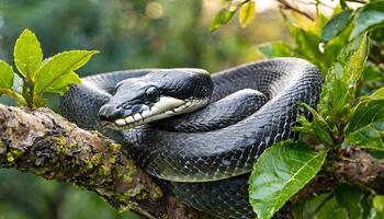 AI generated black cobra snake resting on tree photo