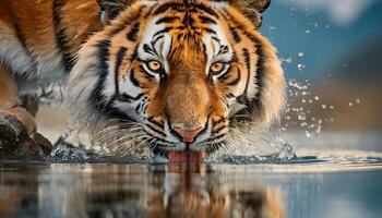 ai generado salvaje agresivo masculino león cara de cerca Bebiendo agua desde lago foto