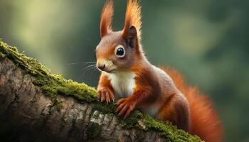 AI generated red squirrel closeup resting among tree branches photo