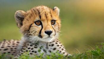 AI generated newborn baby cheetah cub closeup resting on grass photo