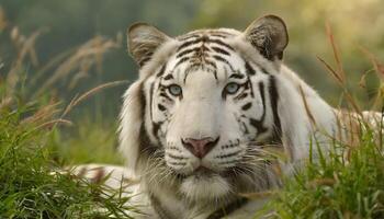 AI generated footage of a young male white tiger face closeup resting on grass photo