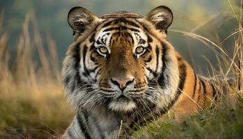 AI generated closeup of a wild tiger in the forest photo