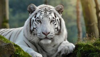 ai generado de cerca de un blanco Tigre en el césped foto