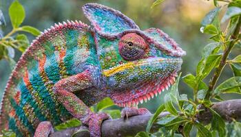 AI generated chameleon closeup resting on tree photo