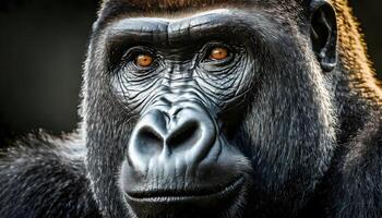 ai generado cara y ojo de cerca de un negro gorila foto