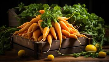 AI generated Fresh, healthy vegetables on rustic wooden table, nature bounty generated by AI photo