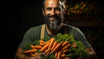 AI generated A smiling man, holding fresh vegetables, looking at camera generated by AI photo