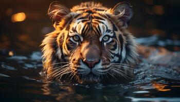 AI generated Bengal tiger, majestic and endangered, staring into tranquil pond generated by AI photo