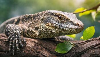 AI generated Komodo Dragon closeup on tree photo