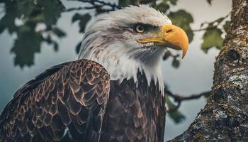 AI generated closeup of a bald eagle resting on tree photo