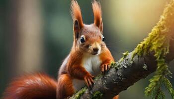 AI generated red squirrel closeup in the forest photo