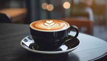 AI generated closeup of latte coffee on black cup on restaurant table photo