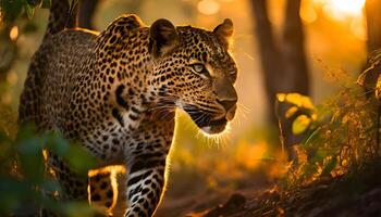 ai generado salvaje leopardo cara de cerca caminando en el bosque foto