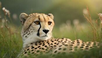 AI generated epic closeup of a wild spotted cheetah sitting on grass photo