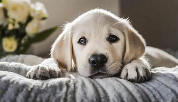 AI generated white labrador puppy closeup resting on bed at home photo