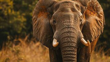 AI generated closeup of giant wild elephant walking in forest photo