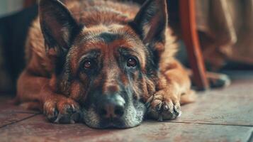AI generated closeup of german shepherd dog resting on floor at home photo