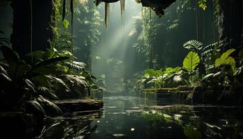 ai generado tranquilo escena tropical selva, agua refleja verde follaje generado por ai foto