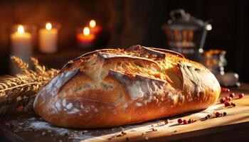 AI generated Freshly baked homemade bread on rustic wooden table generated by AI photo